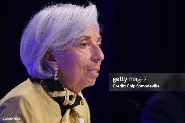 International Monetary Fund Managing Director Christine Lagarde answers reporter's questions during a news conference at IMF Headquarters April 19,...