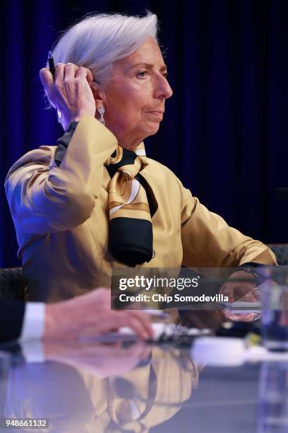 International Monetary Fund Managing Director Christine Lagarde answers reporter's questions during a news conference at IMF Headquarters April 19,...