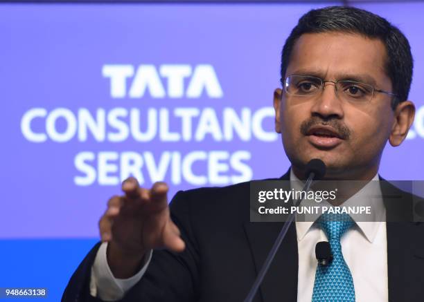 India's Tata Consultancy Services CEO and Managing Director Rajesh Gopinathan speaks during a news conference after the announcement of the financial...