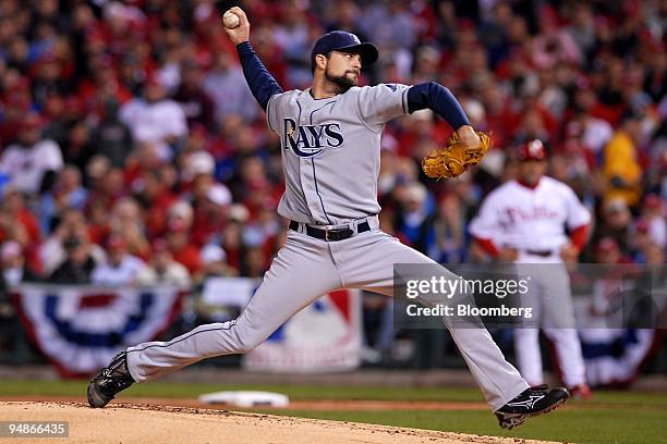 Andy Sonnanstine of the Tampa Bay Rays pitches against the Philadelphia Phillies in the first inning of game four of the Major League Baseball World...