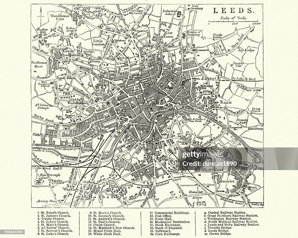 Map of Leeds, Wesy Yorkshire, England 19th Century