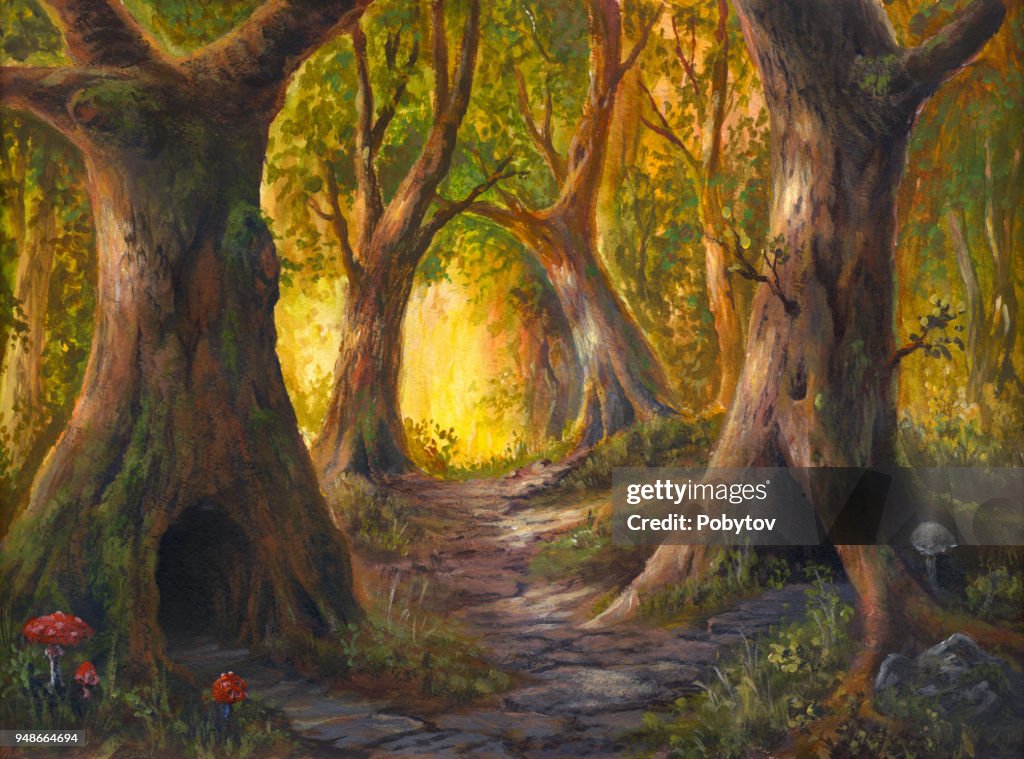 Fairy tale forest, woonplaats van sprookjesachtige wezens, Acryl schilderij op aquarel papier