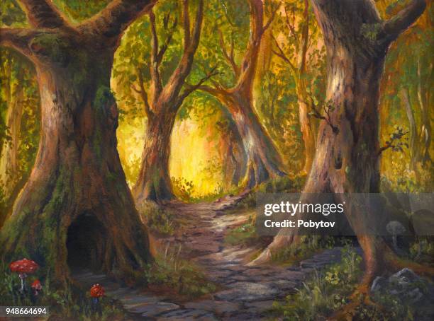stockillustraties, clipart, cartoons en iconen met fairy tale forest, woonplaats van sprookjesachtige wezens, acryl schilderij op aquarel papier - sprookje