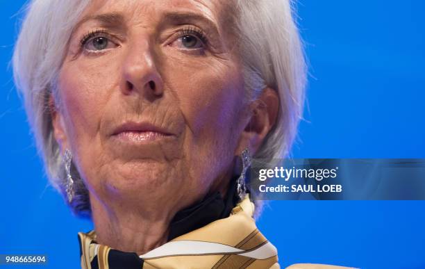 Managing Director Christine Lagarde holds a press conference during the 2018 Spring Meetings of the International Monetary Fund and World Bank Group...