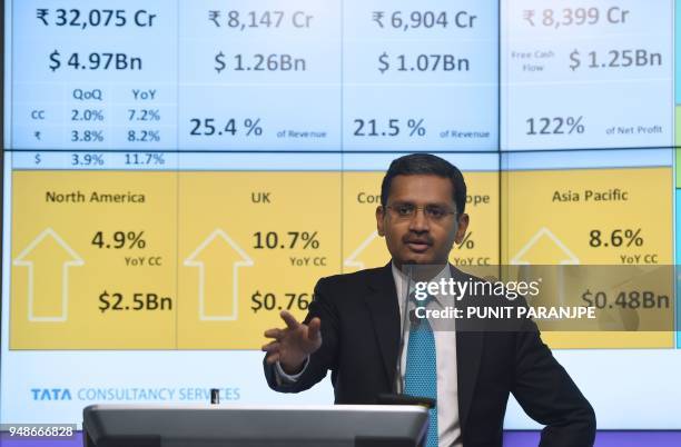 India's Tata Consultancy Services CEO and Managing Director Rajesh Gopinathan speaks during a news conference after the announcement of the financial...