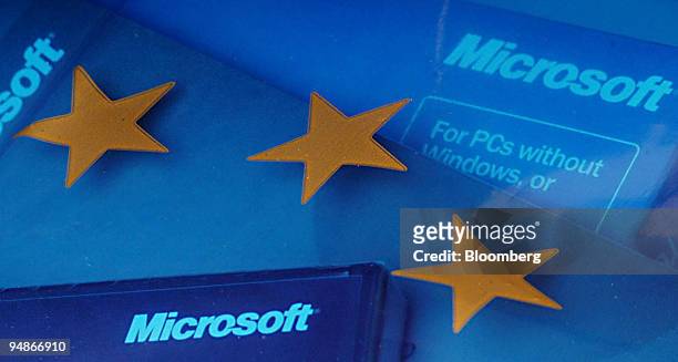 Microsoft Windows software box, inside a shopping bag decorated with the 12 star European Union symbol, is arranged in Brussels, Belgium, Thursday,...