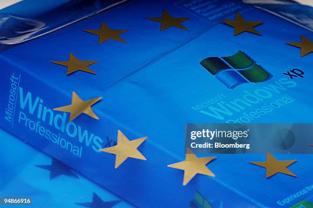 Microsoft Windows software box, inside a shopping bag decorated with the 12 star European Union symbol, is arranged in Brussels, Belgium, March 18,...
