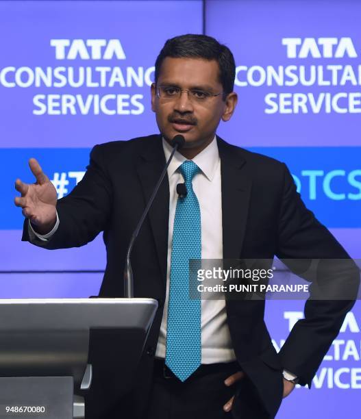 India's Tata Consultancy Services CEO and Managing Director Rajesh Gopinathan speaks during a news conference after the announcement of the financial...