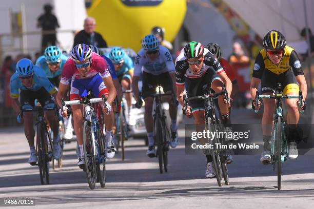 Sprint / Arrival / Thibaut Pinot of France and Team Groupama FDJ Purple leader jersey Fabio Aru of Italy and UAE Team Emirates / Koen Bouwman of The...