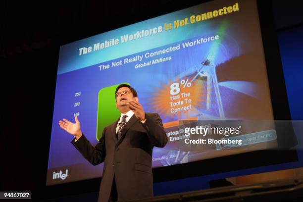 Anand Chandrasekher, vice president of Intel Corporation, speaks at the 2005 Computex Information and Technology Show which opened in Taipei, Taiwan,...