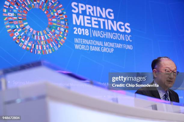 World Bank President Jim Yong Kim answers reporters' questions during a news conference at IMF Headquarters April 19, 2018 in Washington, DC. The...