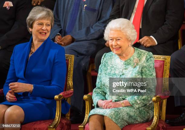 British Prime Minister Theresa May sits with Queen Elizabeth II at the formal opening of the Commonwealth Heads of Government Meeting in the ballroom...