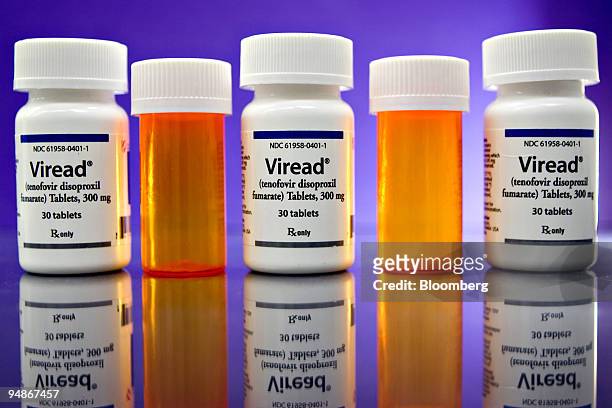 Gilead Sciences Inc.'s Viread AIDS medication is arranged for a photo at Ansonia Pharmacy in New York, U.S., on Thursday, July 24, 2008. Gilead is...