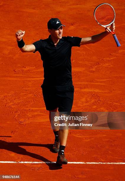 Dominic Thiem of Austria celebrates beating Novak Djokovic of Serbia in his his men's singles 3rd round match on day five of the Rolex Monte-Carlo...