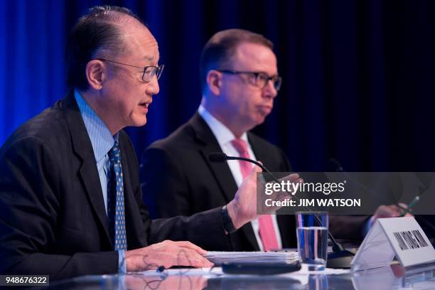 World Bank President Jim Yong Kim holds a news conference during the The International Monetary Fund and the World Bank Group 2018 Spring Meetings in...