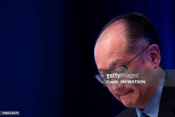 World Bank President Jim Yong Kim holds a news conference during the The International Monetary Fund and the World Bank Group 2018 Spring Meetings in...
