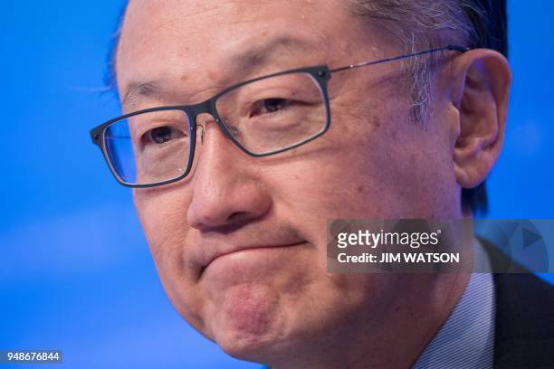World Bank President Jim Yong Kim holds a news conference during the The International Monetary Fund and the World Bank Group 2018 Spring Meetings in...