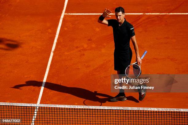 Dominic Thiem of Austria celebrates beating Novak Djokovic of Serbia in his his men's singles 3rd round match on day five of the Rolex Monte-Carlo...