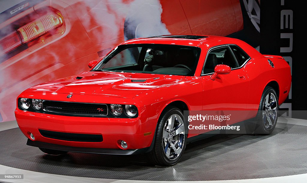 A Dodge Challenger R/T sits on stage during a media preview