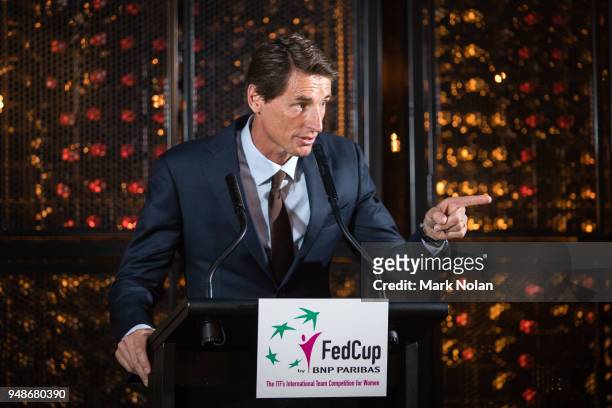 Netherlands captain Paul Haarhuis makes a speech during the official dinner ahead of the World Group Play-Off Fed Cup tie between Australia and the...