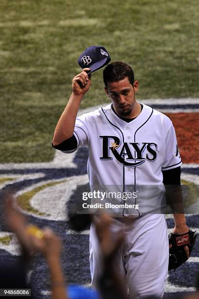 James Shields of the Tampa Bay Rays tips his hat to the crowd after being relieved during game two of the Major League Baseball World Series against...