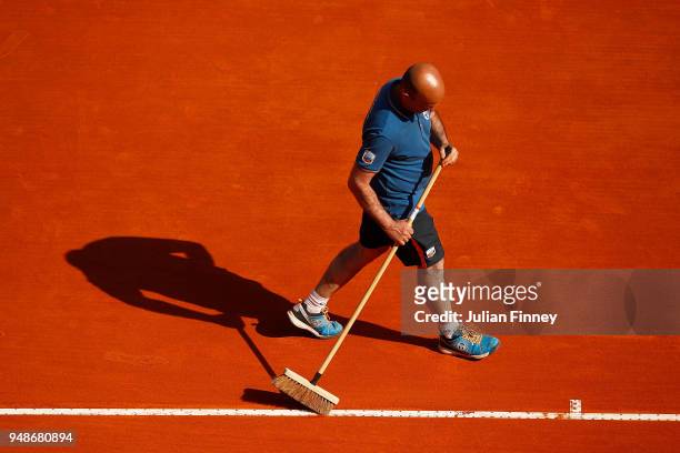 Man sweeps the court between matches during day five of the Rolex Monte-Carlo Masters at Monte-Carlo Sporting Club on April 19, 2018 in Monte-Carlo,...