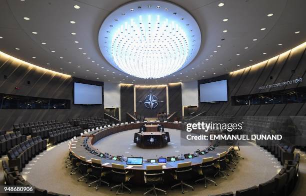 General view shows the new North Atlantic Council Room where heads of states will meet at the new NATO headquarters during a press tour of the...