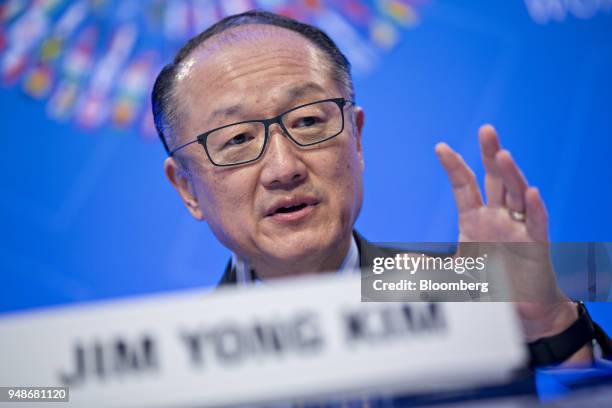 Jim Yong Kim, president of the World Bank Group, speaks at a news conference during the spring meetings of the International Monetary Fund and World...