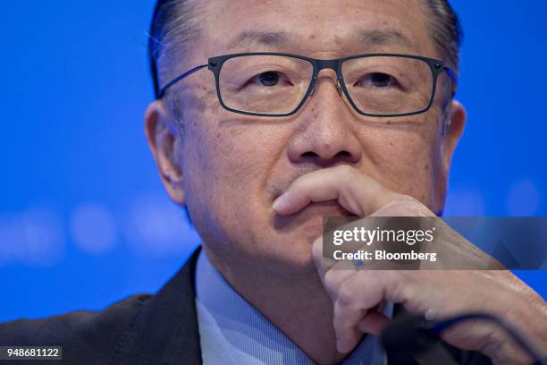 Jim Yong Kim, president of the World Bank Group, listens at a news conference during the spring meetings of the International Monetary Fund and World...