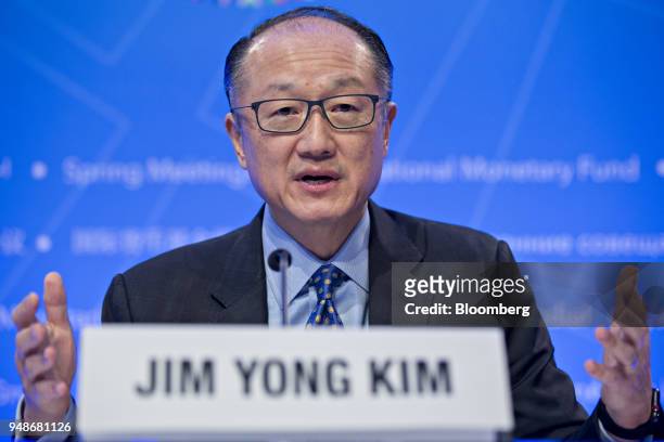 Jim Yong Kim, president of the World Bank Group, speaks at a news conference during the spring meetings of the International Monetary Fund and World...