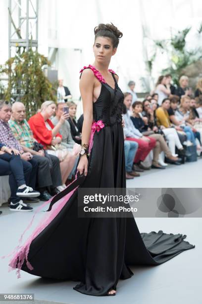 Model walks the runway at the NOEMI VALLONE show during the Madrid Bridal Week 2018 at Palacio de Cibeles on April 19, 2018 in Madrid, Spain