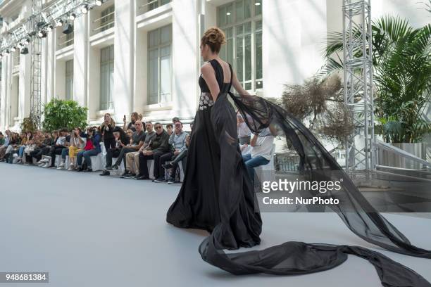 Model walks the runway at the NOEMI VALLONE show during the Madrid Bridal Week 2018 at Palacio de Cibeles on April 19, 2018 in Madrid, Spain