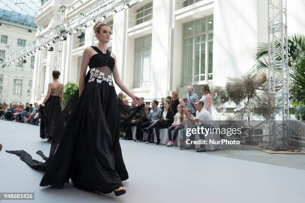 Model walks the runway at the NOEMI VALLONE show during the Madrid Bridal Week 2018 at Palacio de Cibeles on April 19, 2018 in Madrid, Spain