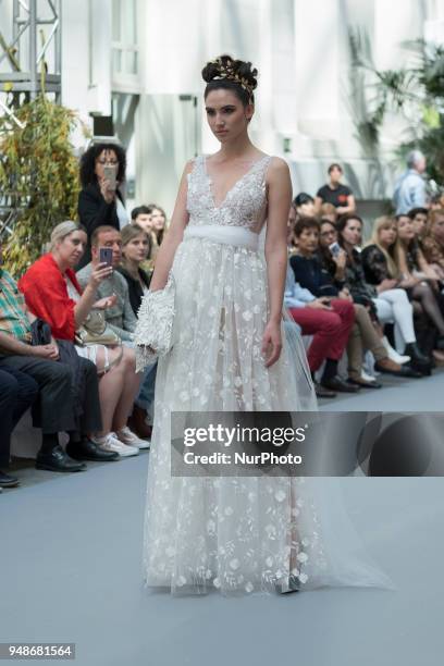 Model walks the runway at the NOEMI VALLONE show during the Madrid Bridal Week 2018 at Palacio de Cibeles on April 19, 2018 in Madrid, Spain