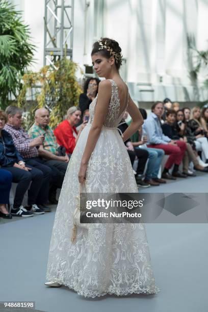 Model walks the runway at the NOEMI VALLONE show during the Madrid Bridal Week 2018 at Palacio de Cibeles on April 19, 2018 in Madrid, Spain