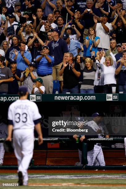 James Shields of the Tampa Bay Rays is applauded by fans after being relieved in the sixth inning of game two of the Major League Baseball World...