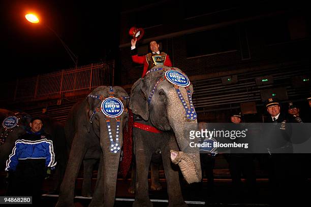 Chuck Wagner, ringmaster of Ringling Bros. And Barnum & Bailey Circus, shows off his elephant after emerging from the Queens Midtown Tunnel during...
