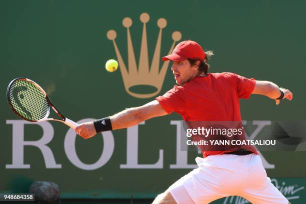 Germany's Mischa Zverev returns the ball to France's Richard Gasquet during their men's single tennis match at the Monte-Carlo ATP Masters Series...