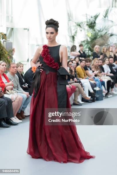 Model walks the runway at the NOEMI VALLONE show during the Madrid Bridal Week 2018 at Palacio de Cibeles on April 19, 2018 in Madrid, Spain