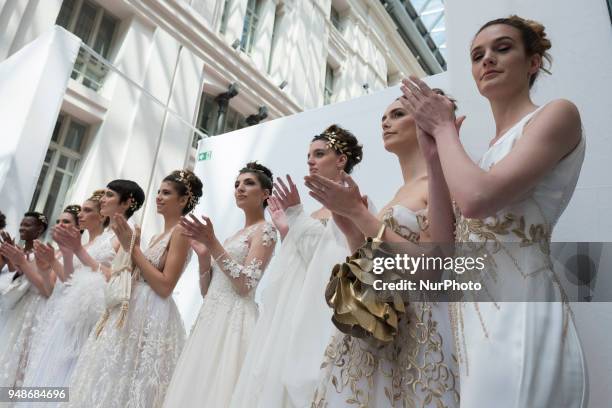 Model walks the runway at the NOEMI VALLONE show during the Madrid Bridal Week 2018 at Palacio de Cibeles on April 19, 2018 in Madrid, Spain