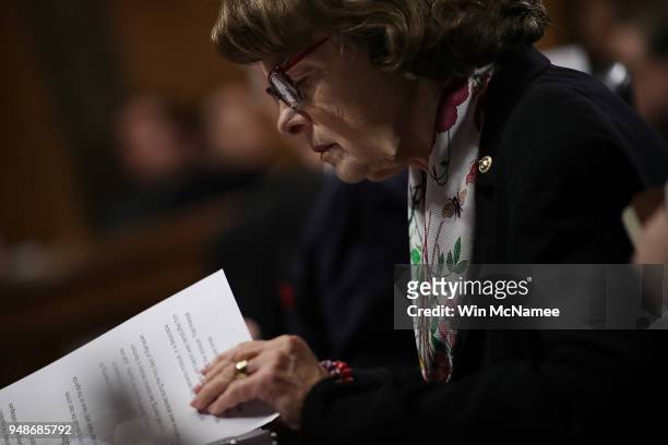 Senate Judiciary Committee ranking member Dianne Feinstein studies her notes during a Judiciary Committee hearing April 19, 2018 in Washington, DC....