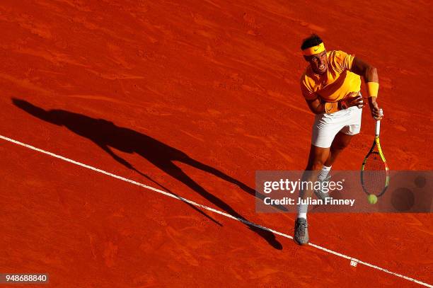 Rafael Nadal of Spain serves against Karen Khachanov of Russia during the mens singles 3rd round match on day five of the Rolex Monte-Carlo Masters...