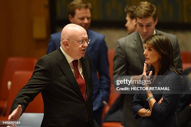 Ambassador to the United Nations, Nikki Haley talks with the Russian Ambassador to the United Nations Vassily Nebenzia during a UN Security Council...