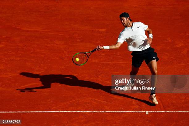 Karen Khachanov of Russia in action against Rafael Nadal of Spain during the mens singles 3rd round match on day five of the Rolex Monte-Carlo...