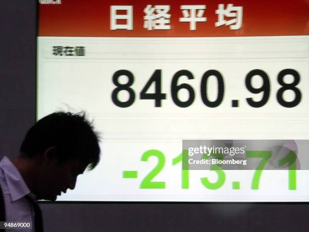 Man walks past an electronic stock board diplaying the closing figure of the Nikkei 225 stock average outside a securities firm in Tokyo, Japan, on...