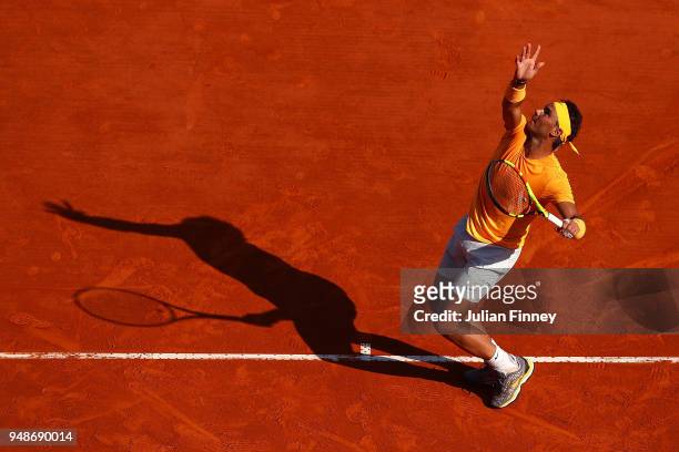 Rafael Nadal of Spain serves against Karen Khachanov of Russia during the mens singles 3rd round match on day five of the Rolex Monte-Carlo Masters...