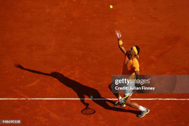 Rafael Nadal of Spain serves against Karen Khachanov of Russia during the mens singles 3rd round match on day five of the Rolex Monte-Carlo Masters...