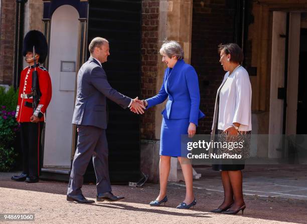 Prime Minister of the United Kingdom, Theresa May and the Commonwealth Secretary General Patricia Scotland welcome Hon Dr Joseph Muscat of Malta...