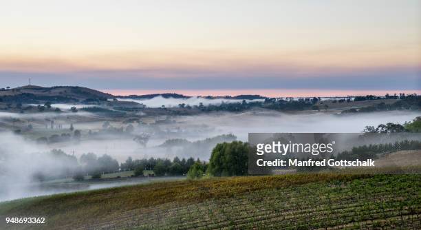 morning mist over the undulating central west countryside near orange, central west region of new south wales - bundesstaat new south wales stock-fotos und bilder
