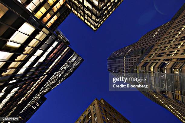 JPMorgan Chase & Co. Headquarters, left, and Bear Stearns Cos. Headquarters, right, stand against the morning sky in New York, U.S., on Monday, March...